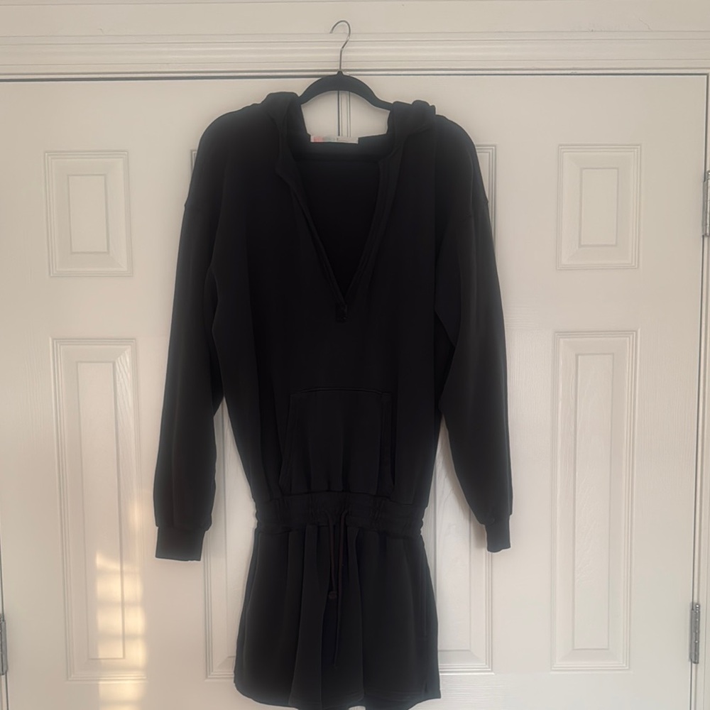 Free People Beach Kickin’ It Terry Sweatshirt Vintage Black Hooded Romper